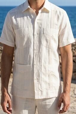 100% Linen White Cuban Guayabera Mexican Wedding Shirt Mens Sz S Mojito